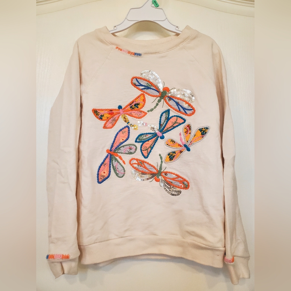 Peek Cream Top with Colorful Sequined Dragonfly Motif